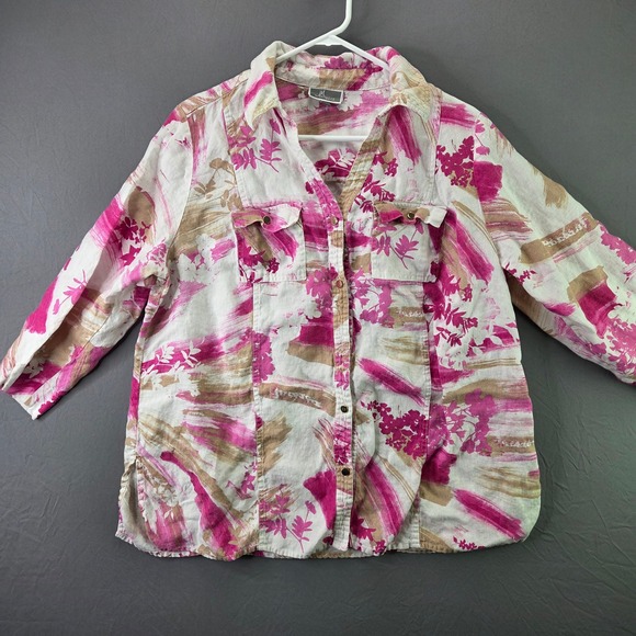 JM Collection Tops - JM Collection Button Down Shirt Womens 16W Pink Tan Floral 100% Linen 3/4 Sleeve